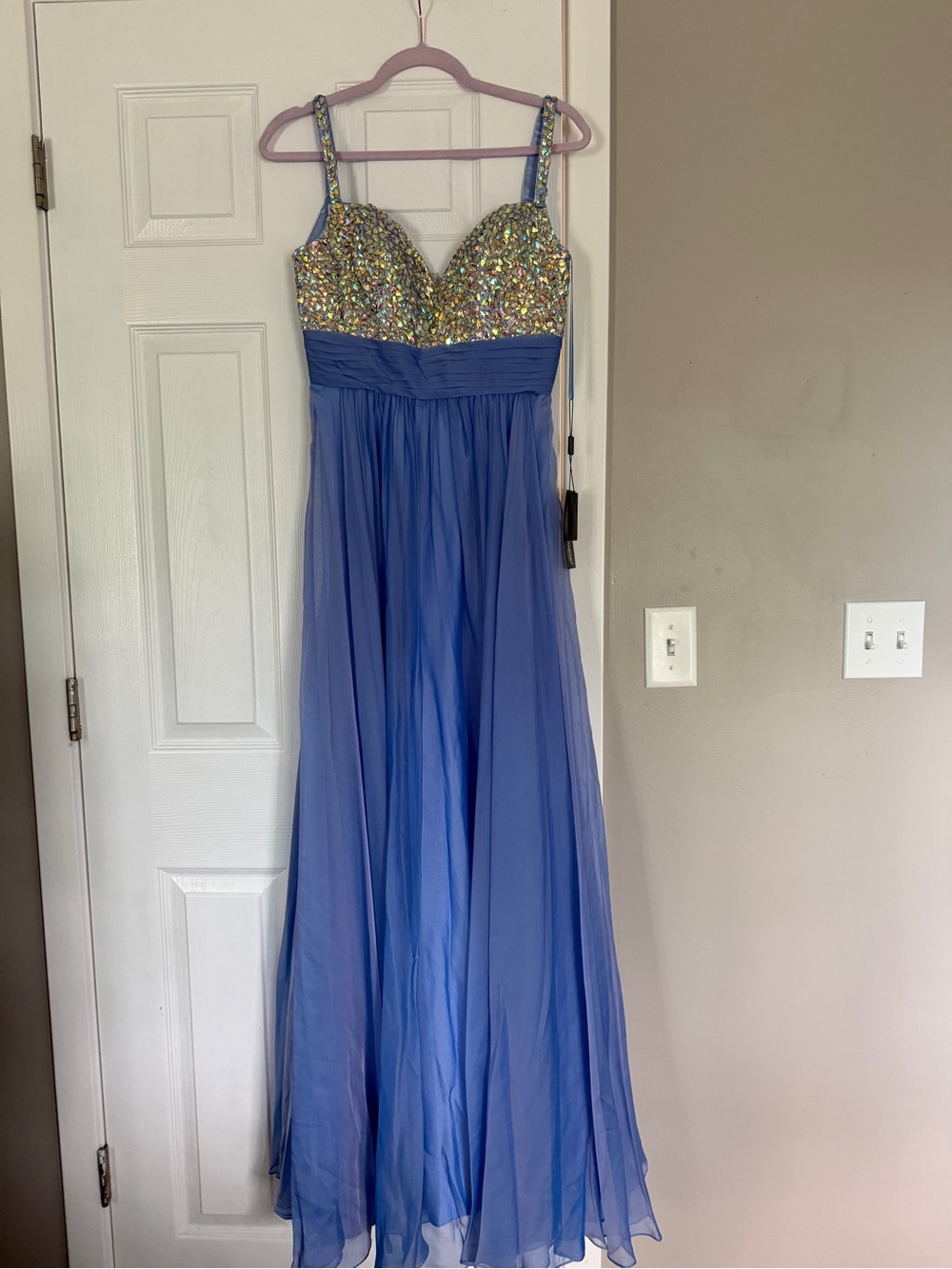 La Femme Periwinkle Blue Rhinestone Maxi Dress Event Prom Wedding Guest NEW